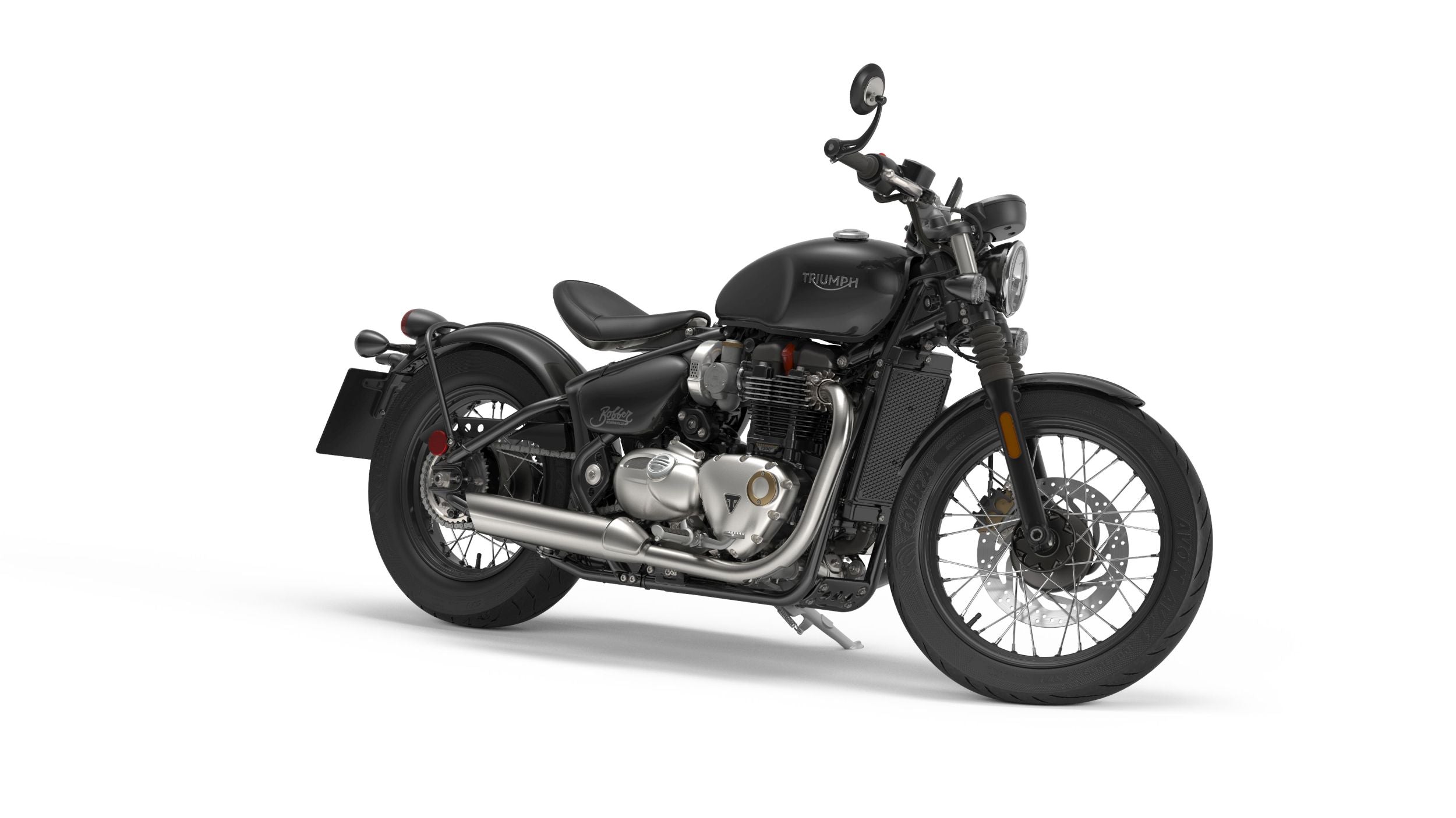 Triumph Bonneville Bobber (2017–2020) front three-quarter real studio motorcycle press image with white background