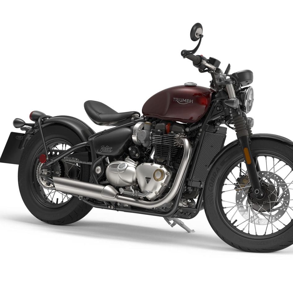 Triumph Bonneville Bobber (2021+) press studio photograph, front three-quarter view on a white background
