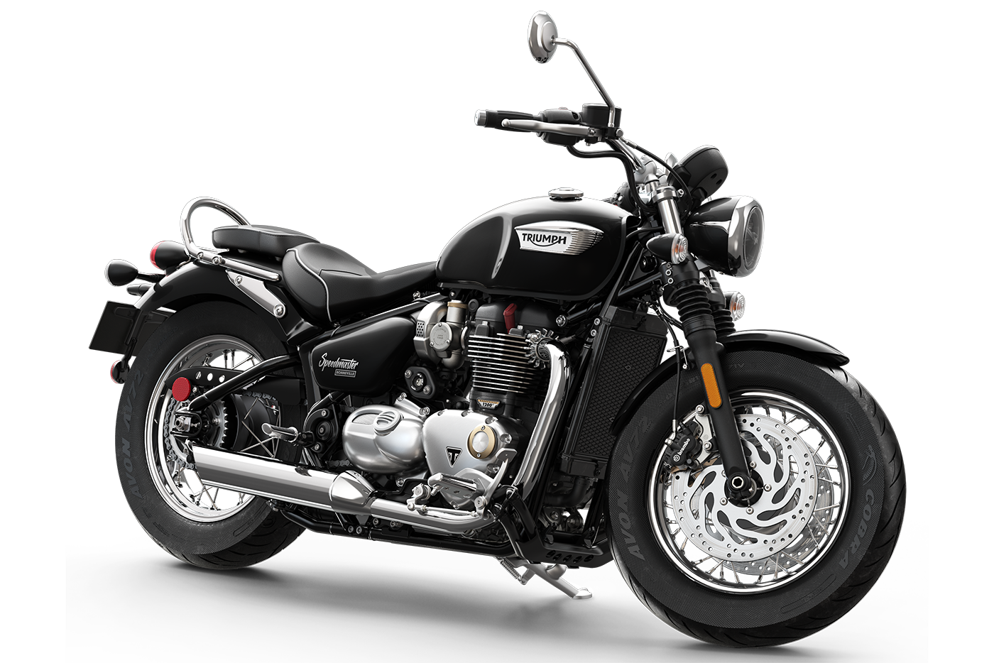 Triumph Bonneville Speedmaster (2018–2020) authentic motorcycle studio photo, viewed diagonally from the front on a white background
