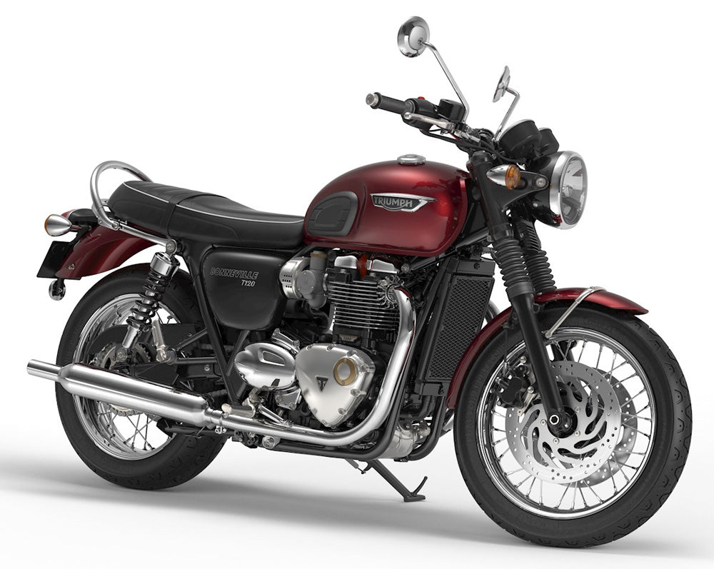 Triumph Bonneville T120 (2016–2020) authentic motorcycle studio photo, viewed diagonally from the front on a white background