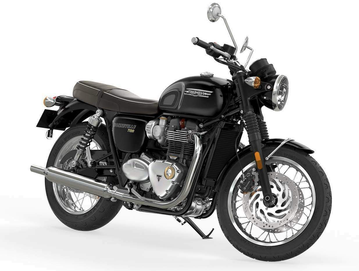 Triumph Bonneville T120 / Black (2021+) authentic motorcycle studio photo, viewed diagonally from the front on a white background