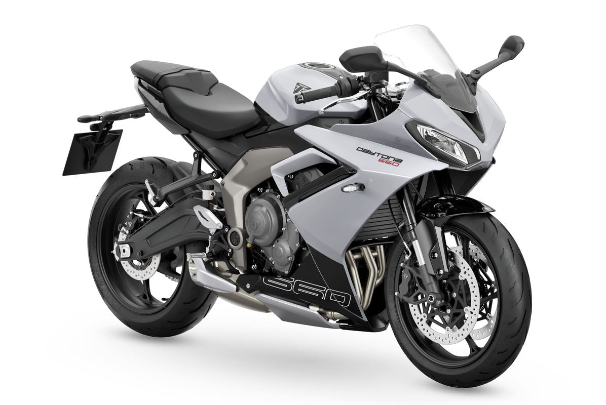 Triumph Daytona 660 (2024+) press studio photograph, front three-quarter view on a white background