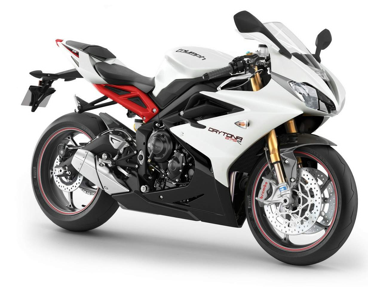 Triumph Daytona 675 R (2013–2017) authentic press photograph of motorcycle, white background, diagonal front view