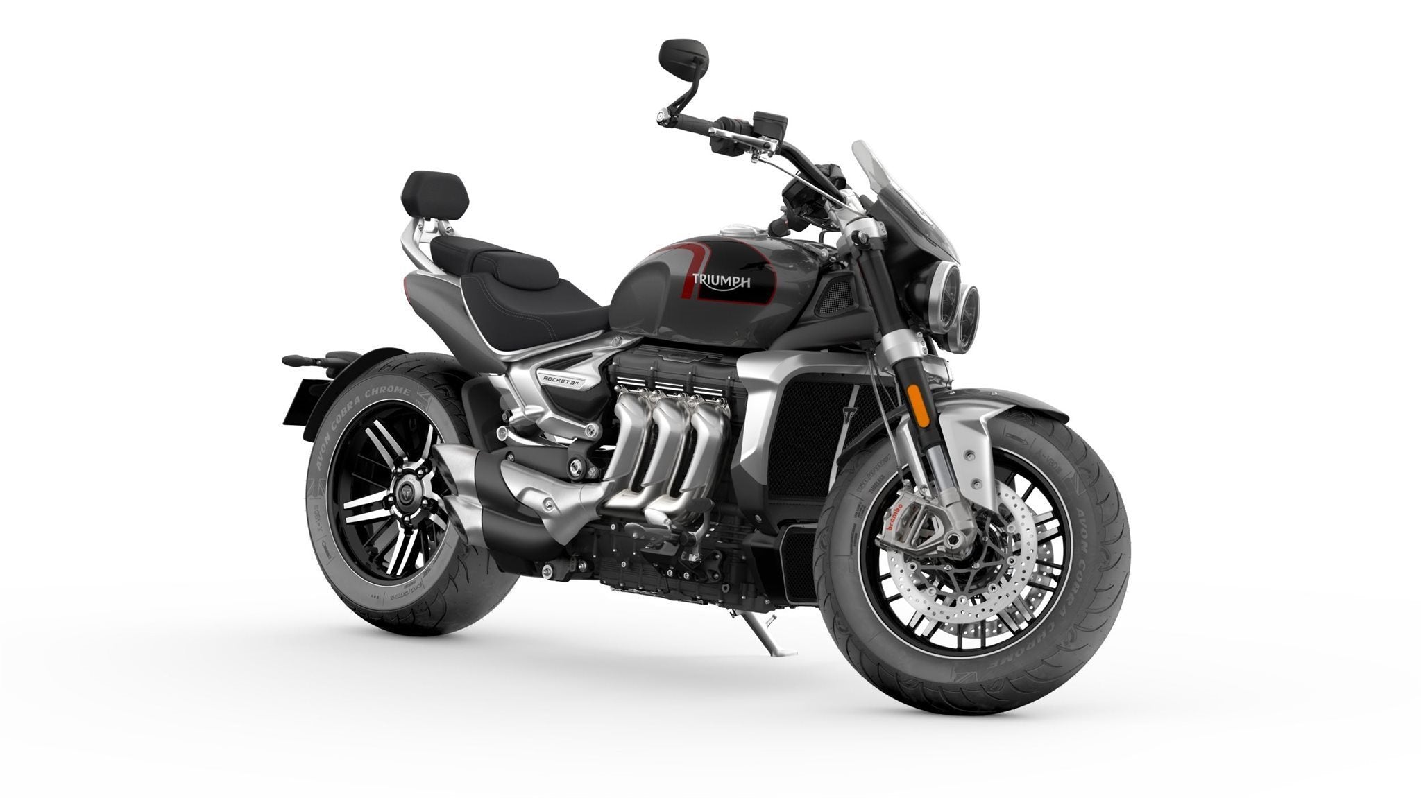 Triumph Rocket 3 GT (2020+) front three-quarter real studio motorcycle press image with white background