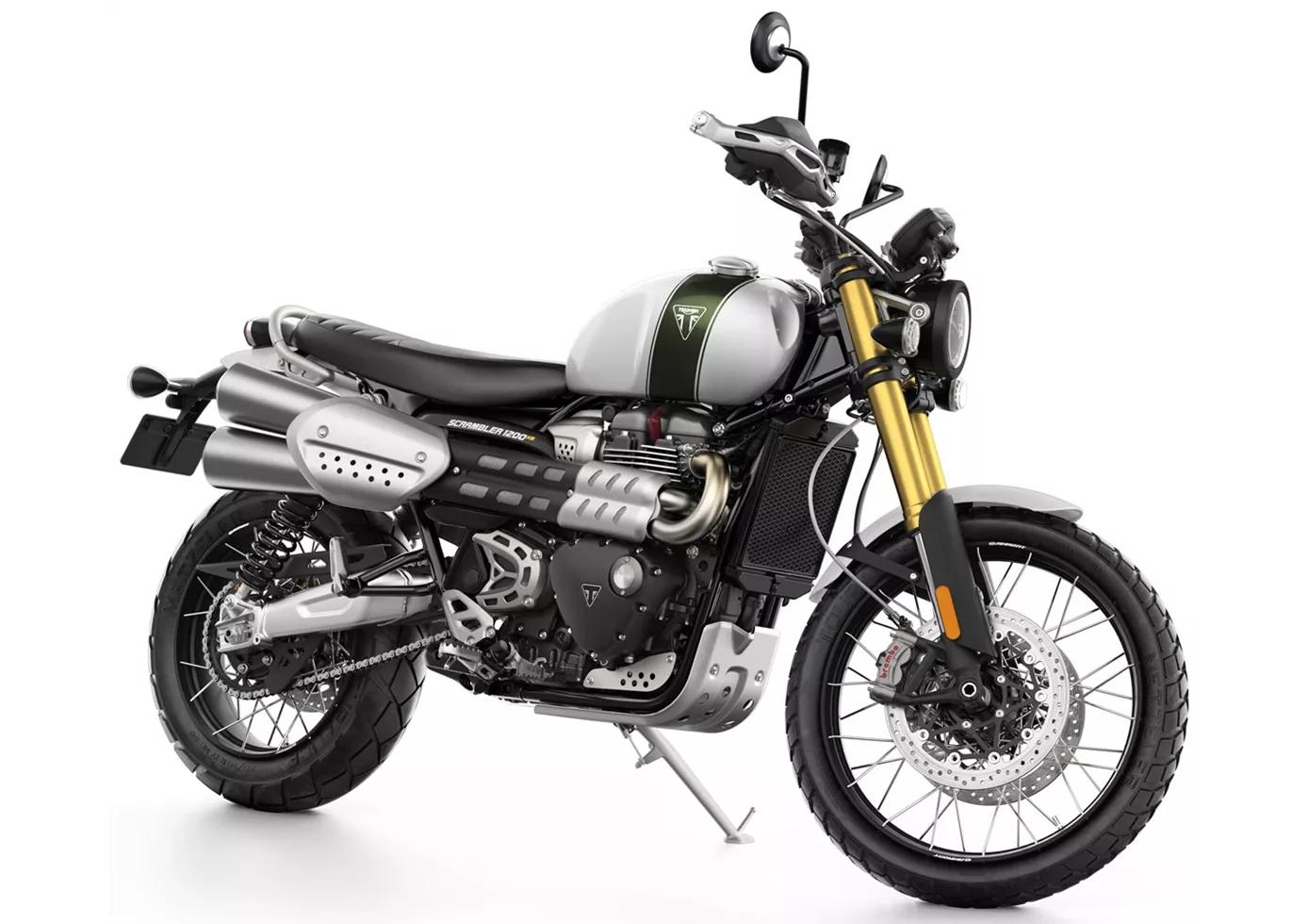 Triumph Scrambler 1200 XE (2019–2020) front three-quarter real studio motorcycle press image with white background