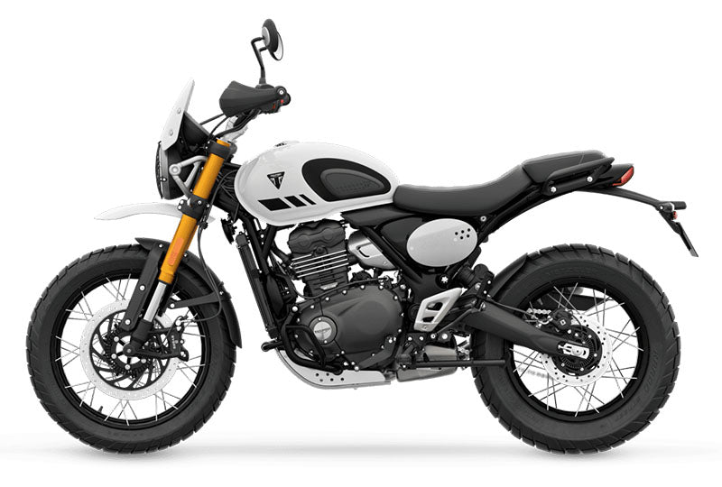 Triumph Scrambler 400 XC (2026+) front three-quarter real studio motorcycle press image with white background