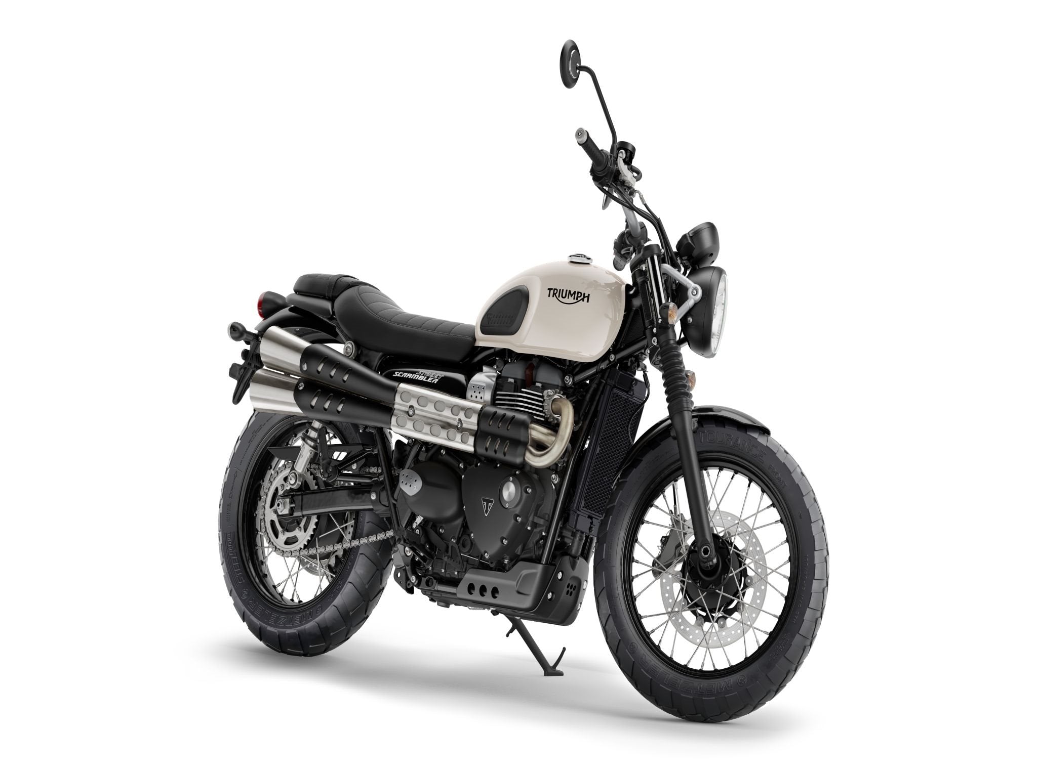Triumph Scrambler 900 (2023–2025) front three-quarter real studio motorcycle press image with white background
