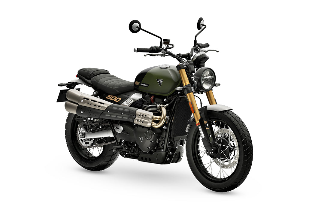 Triumph Scrambler 900 (2026+) front three-quarter real studio motorcycle press image with white background