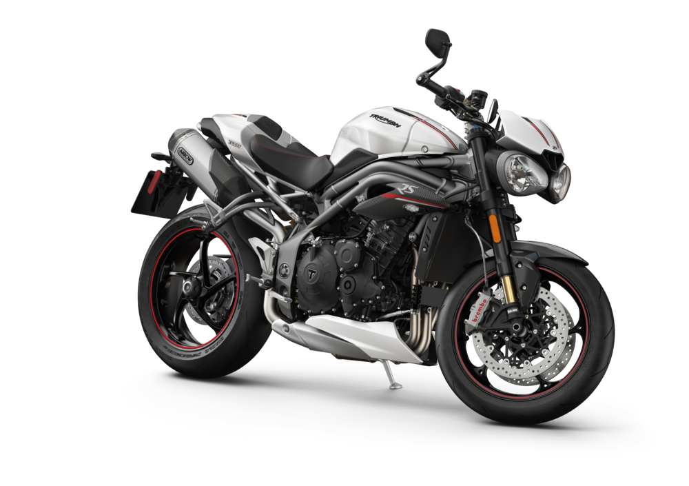 Triumph Speed Triple 1050 RS (2018–2020), real press studio photograph on white background at front three-quarter angle