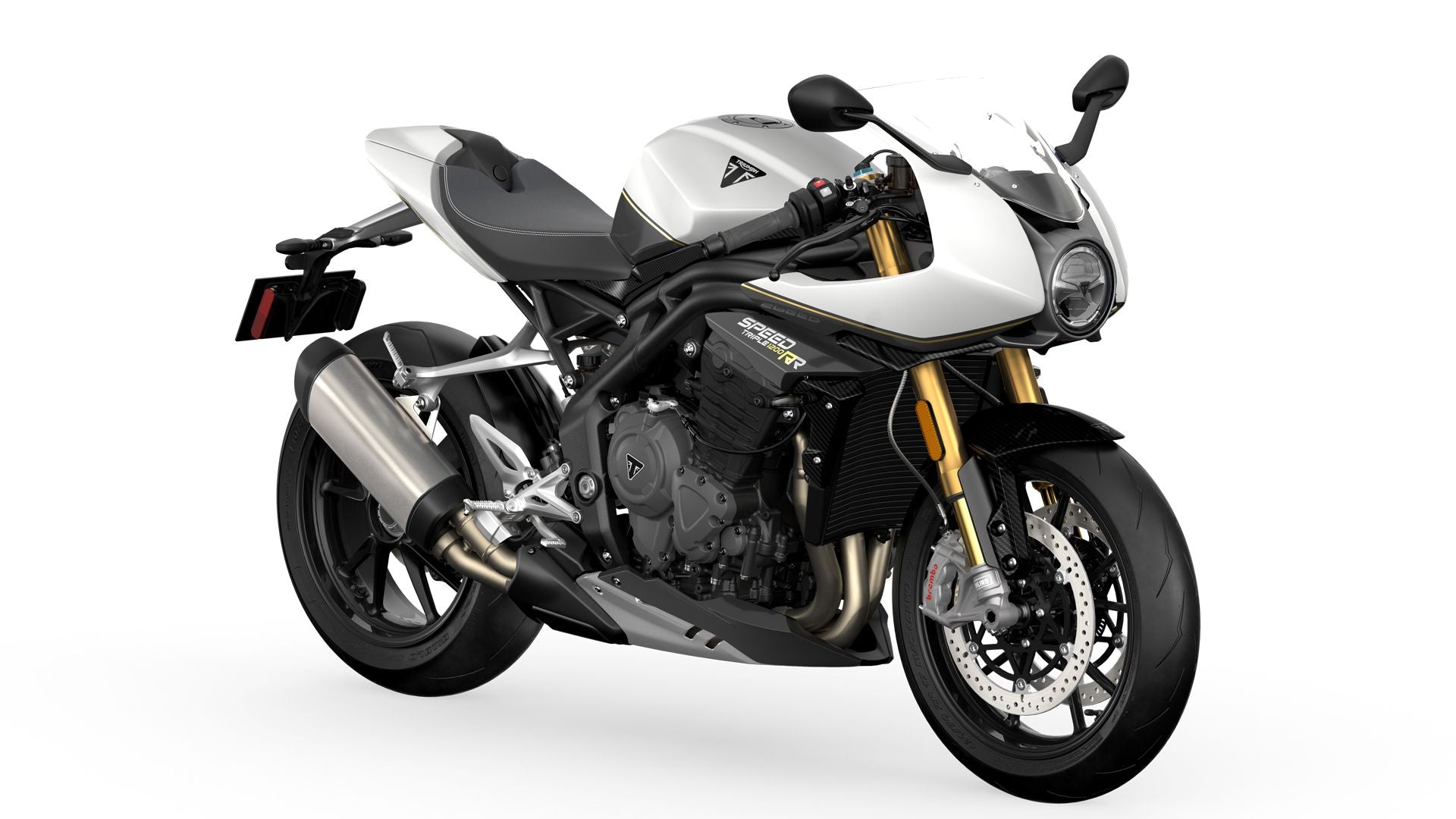 Triumph Speed Triple 1200 RR (2022–2024), real press studio photograph on white background at front three-quarter angle
