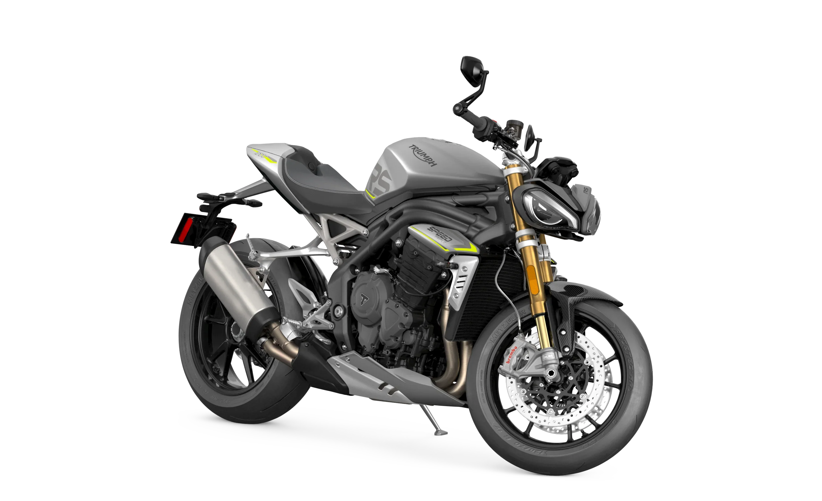 Triumph Speed Triple 1200 RS (2021–2024), real press studio photograph on white background at front three-quarter angle