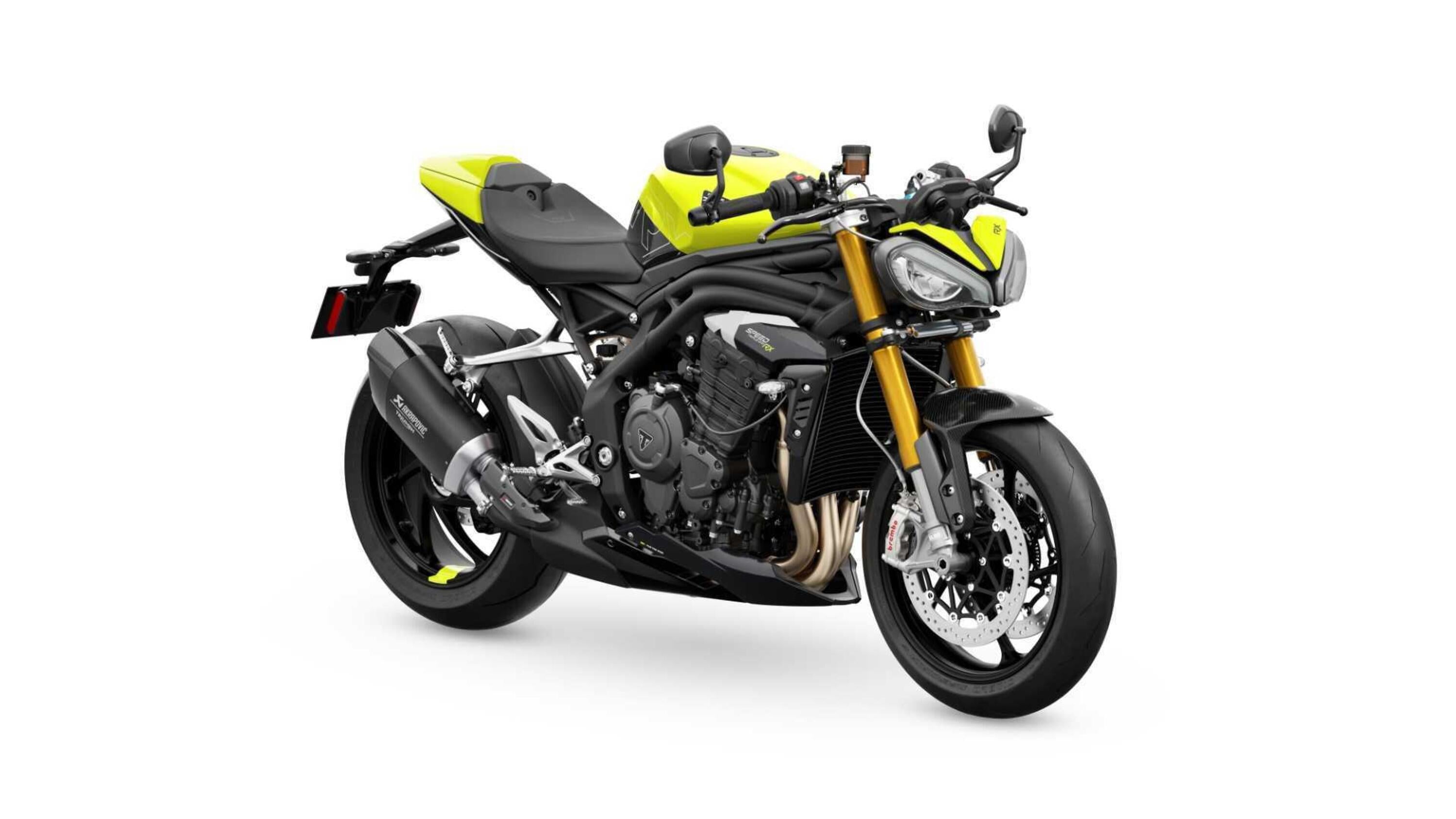 Triumph Speed Triple 1200 RX (2025+), real press studio photograph on white background at front three-quarter angle