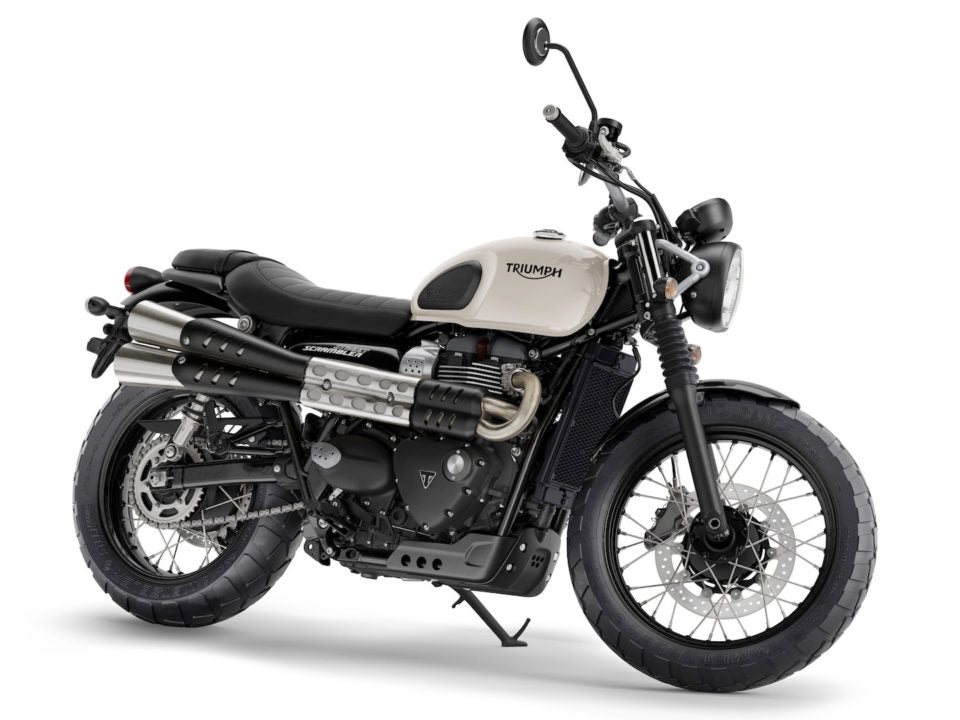 Triumph street scrambler 900 2017 2021 authentic motorcycle studio front three-quarter press photograph