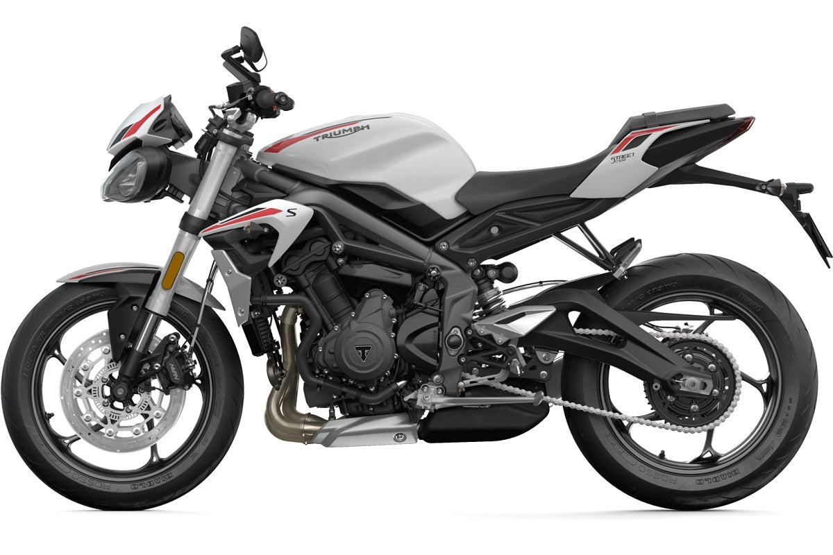Triumph Street Triple 660 S (Restricted Euro 4) (2018–2022) authentic motorcycle studio image, viewed from the front or side with light background