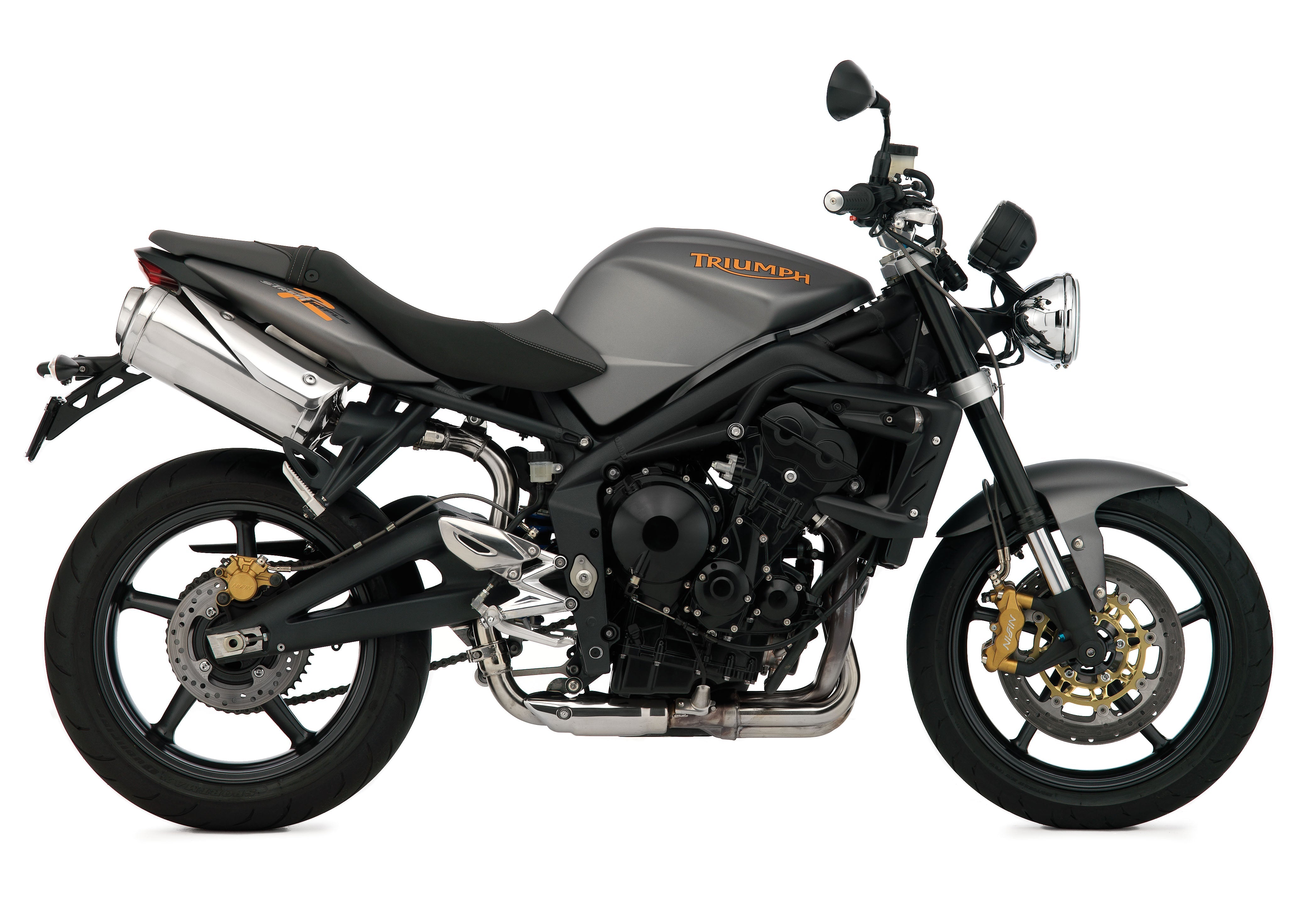 Triumph Street Triple 675 R (2009–2011) authentic motorcycle studio image, viewed from the front or side with light background