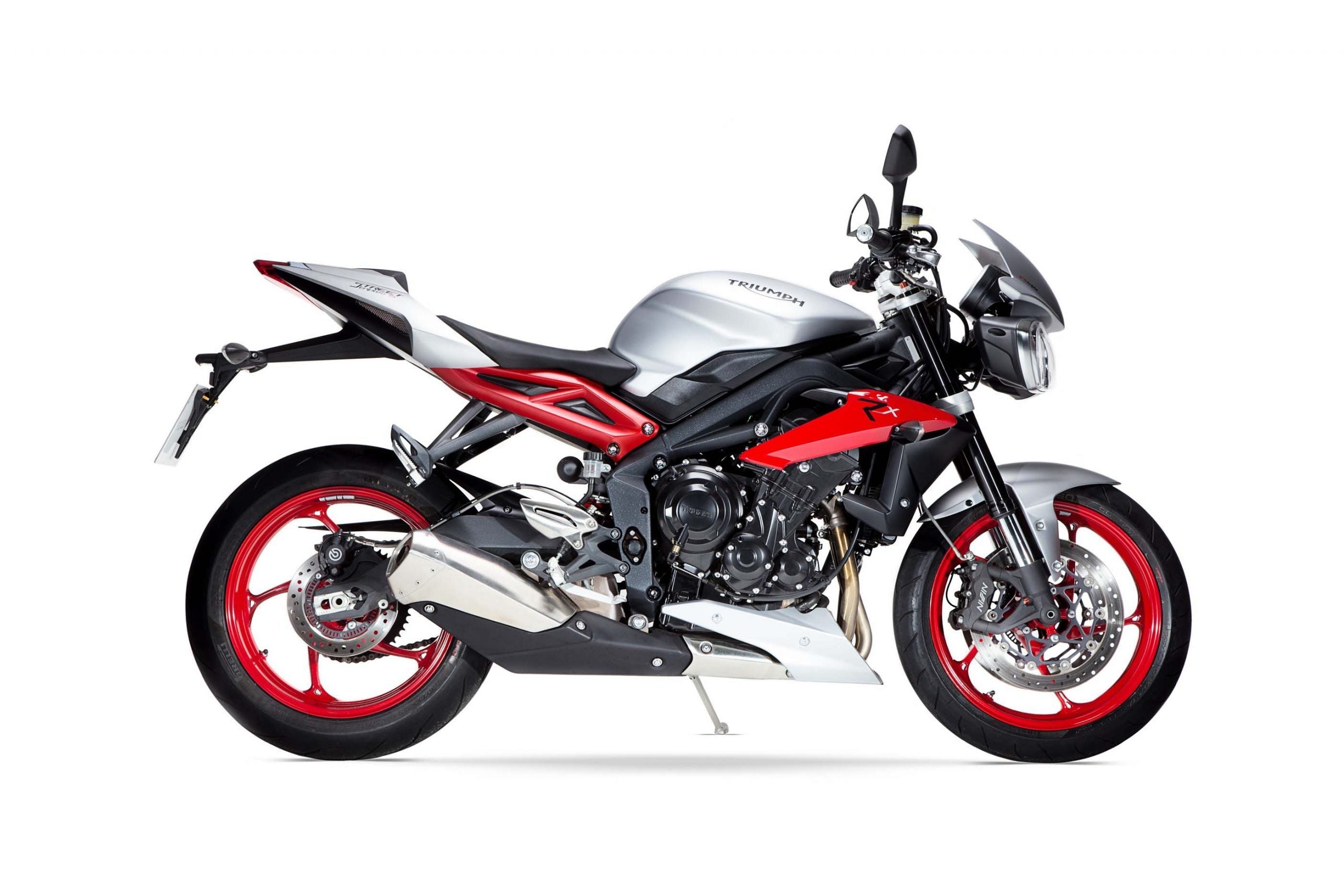 Triumph Street Triple 675 RX 2015–2016 authentic studio front quarter motorcycle photo on white background