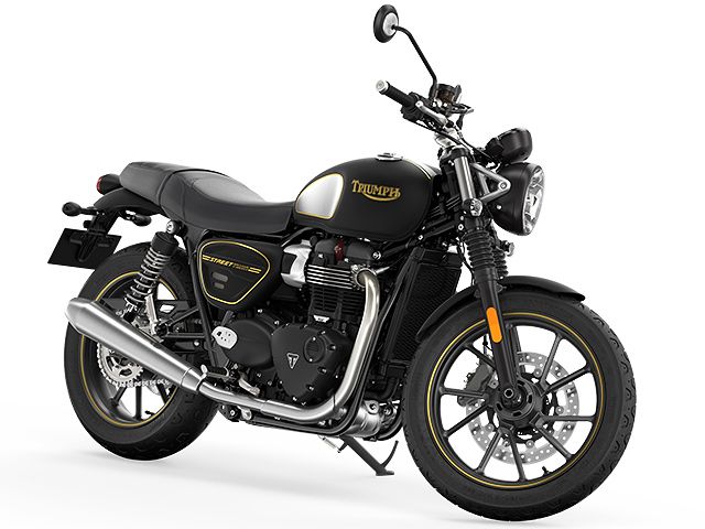 Triumph street twin gold line 900 2021 2022 authentic motorcycle studio front three-quarter press photograph