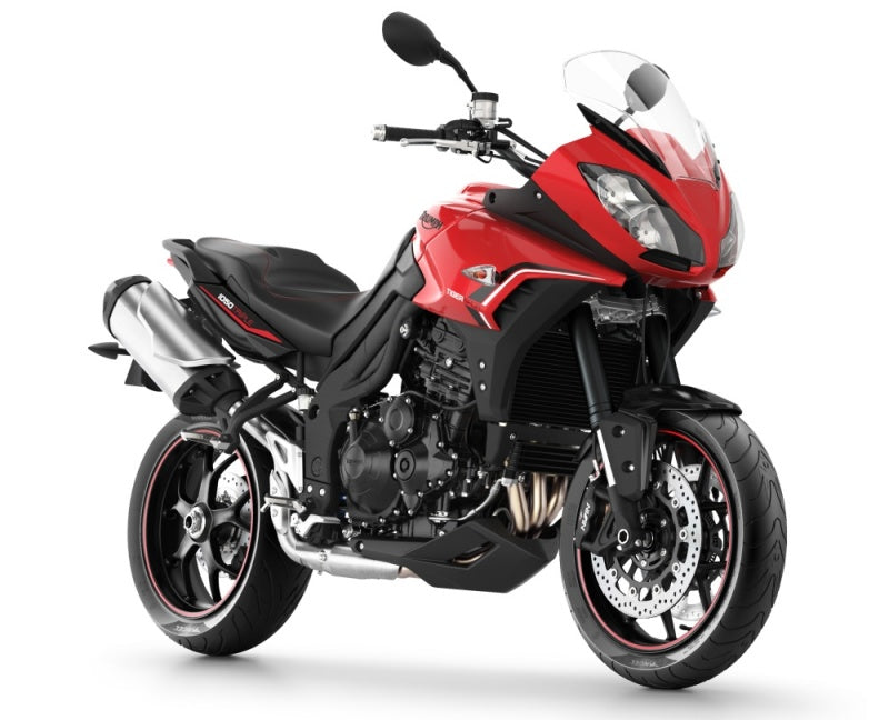 Triumph tiger-1050-sport-2013-2015 studio model press photograph on a clean white backdrop in 3/4 front view