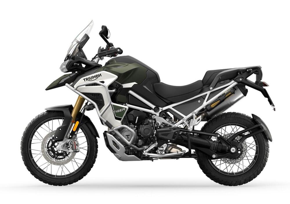 Triumph tiger-1200-rally-explorer-2022, real front three quarter press studio motorcycle photo on white background