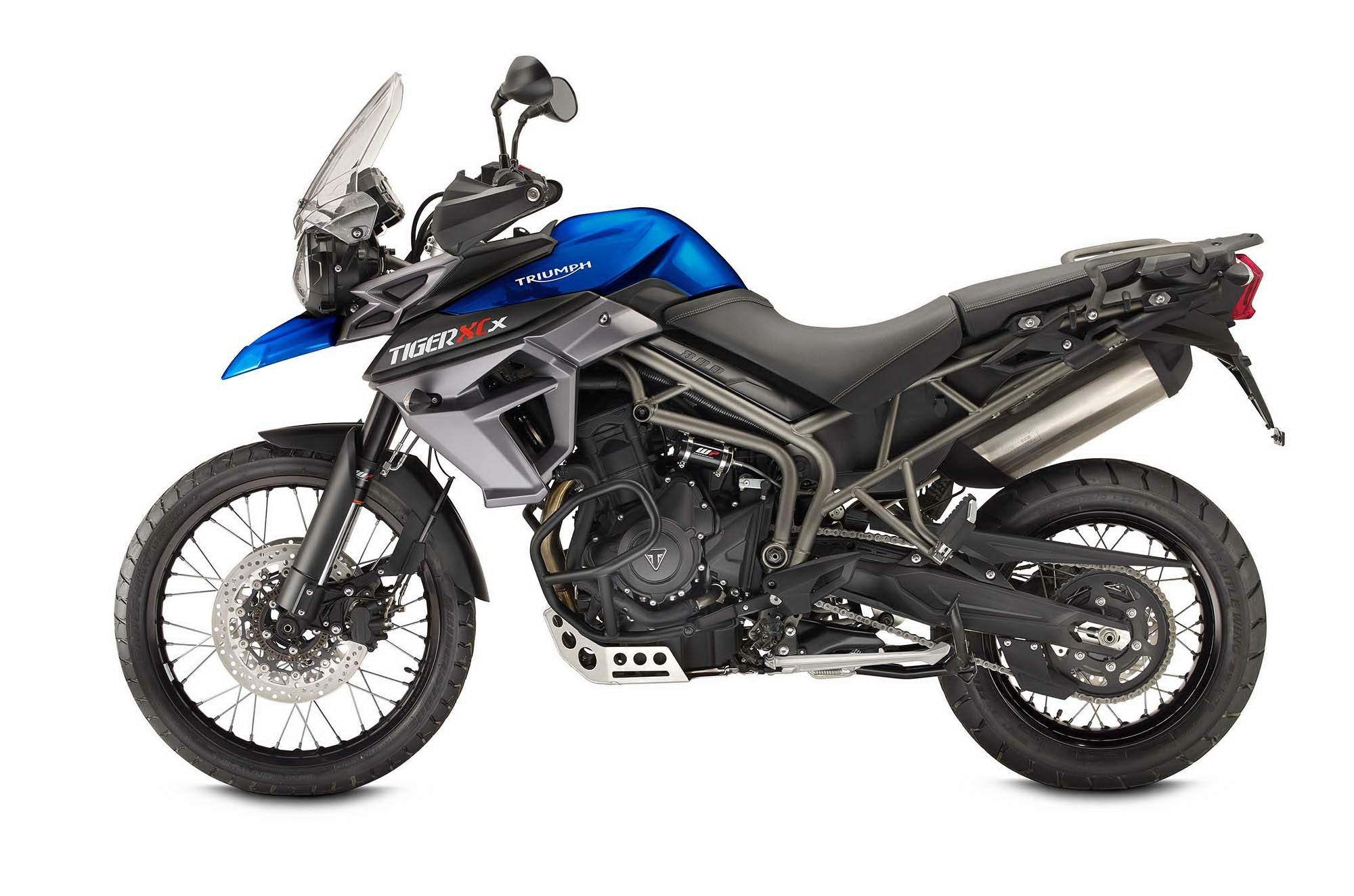 Triumph tiger-800-xc-xcx-xca-2017 actual motorcycle on white studio background three-quarter view