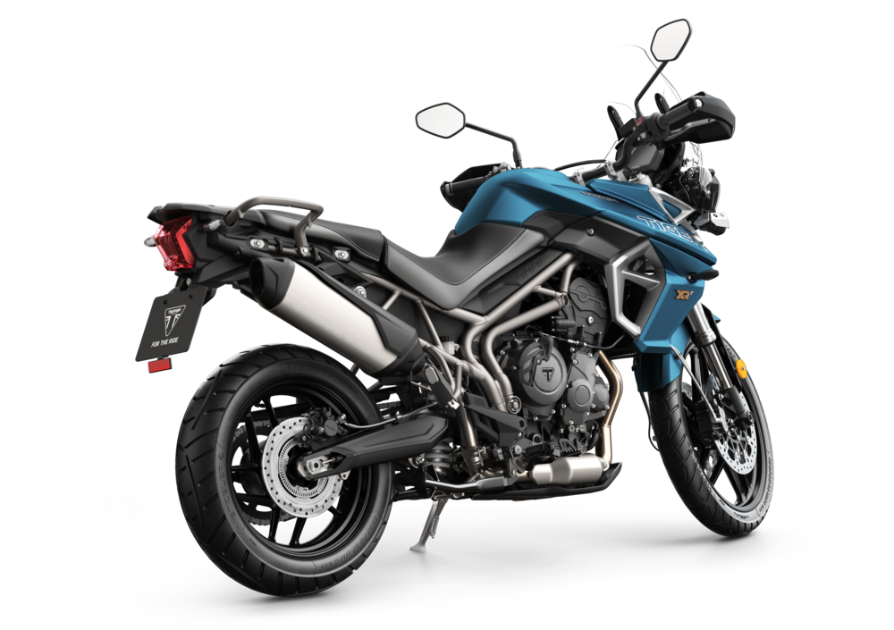 Triumph tiger-800-xr-xrx-xrt-2018-2019 actual motorcycle on white studio background three-quarter view