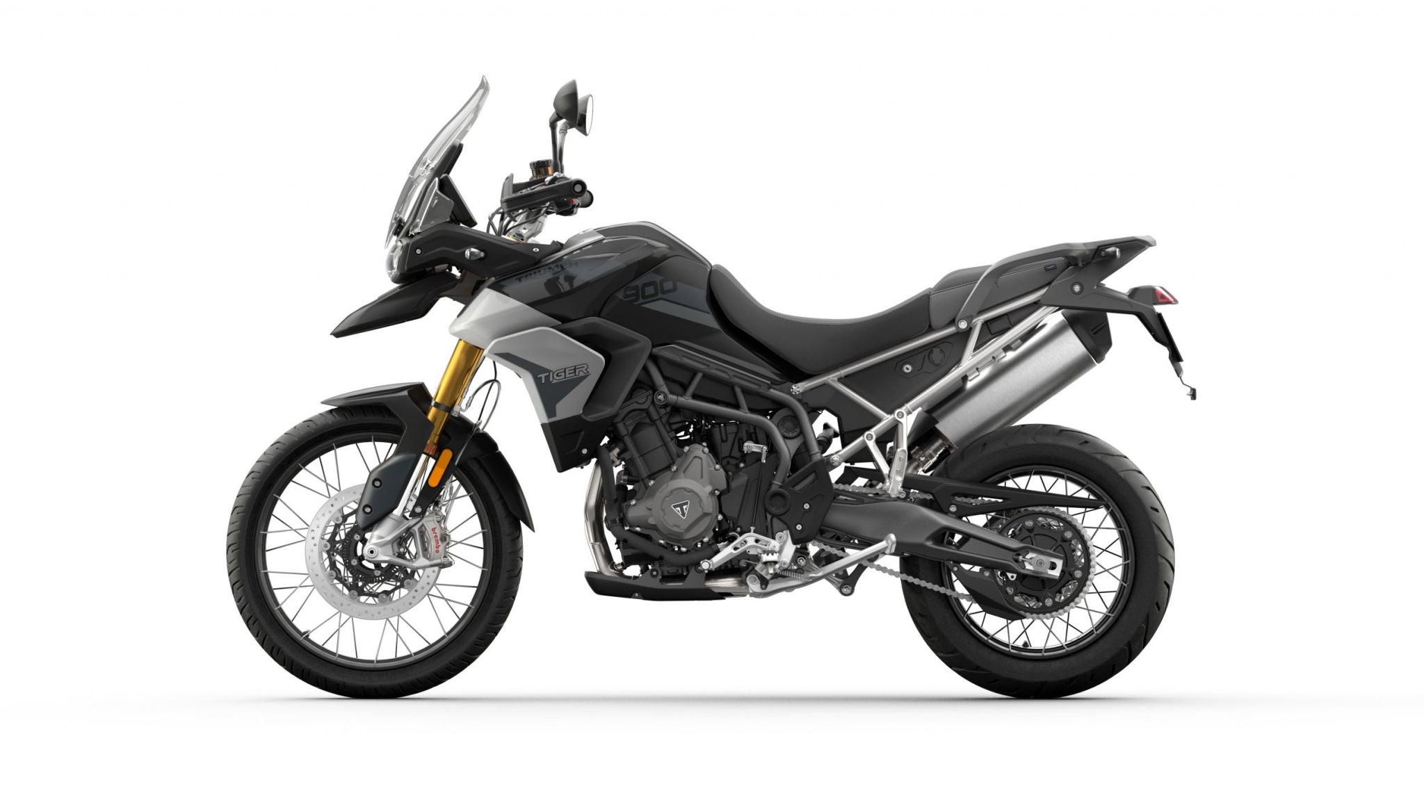 Triumph tiger-900-rally-2020 real current-generation motorcycle studio front three quarter photo on white backdrop