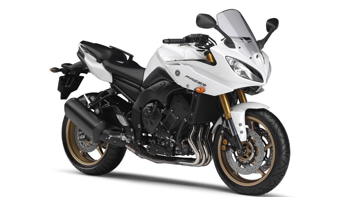 Yamaha FZ8 Fazer 2011–2016 white half-faired road motorcycle genuine front three-quarter studio photograph