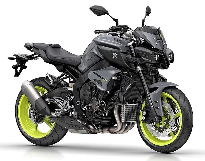 Yamaha MT-10 (2016–2021) real motorcycle studio press photo, white background, front three-quarter perspective