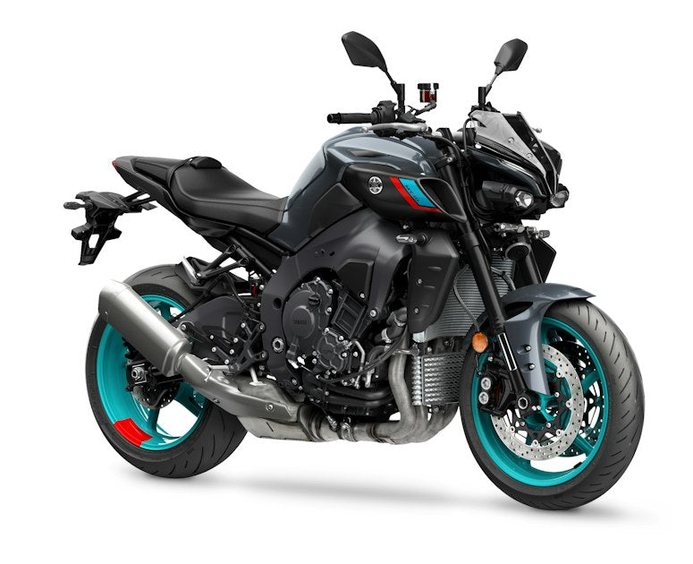 Yamaha MT-10 (2022+) authentic motorcycle product photo on a white studio background, angled from front