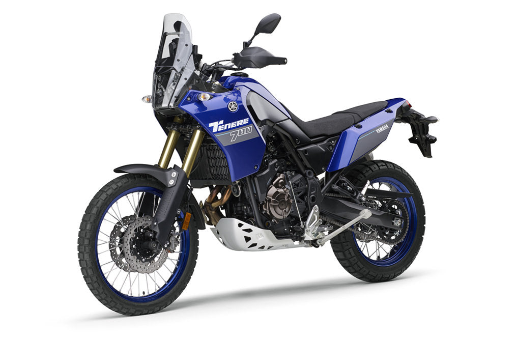 Yamaha Ténéré 700 (2023+) authentic motorcycle product photo on a white studio background, angled from front