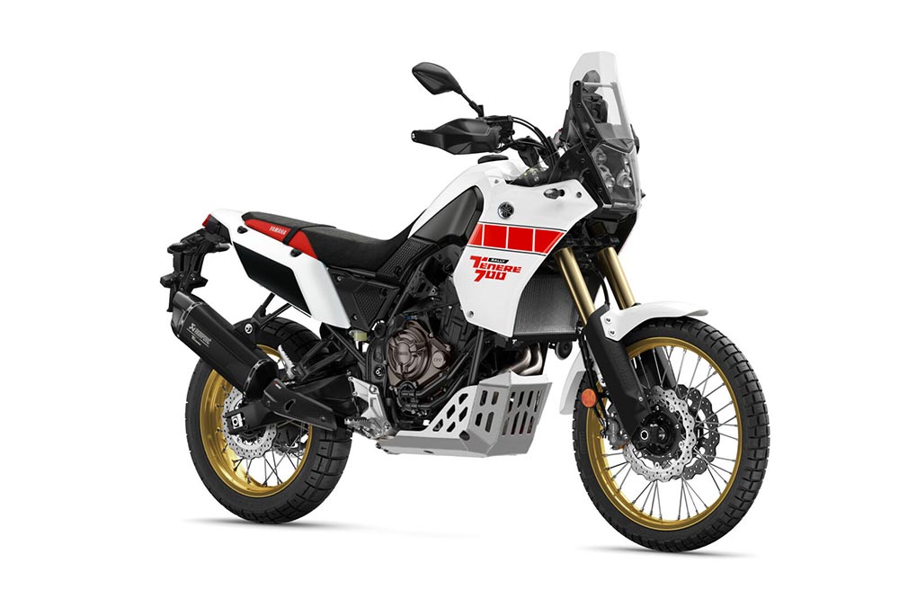 Yamaha Ténéré 700 Rally Edition (2021–2022) motorcycle front three-quarter studio press photograph on a white background