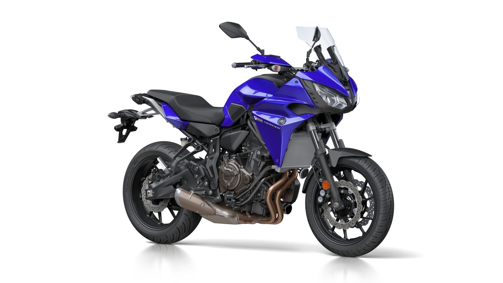 Yamaha MT-07 Tracer / Tracer 700 (2016–2019) original motorcycle on white background, front three-quarter studio photo