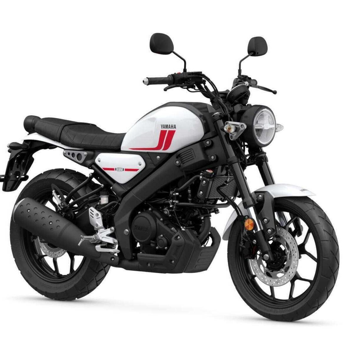 Genuine Yamaha XSR125 motorcycle, 2021 onwards, front three-quarter studio view on a white background