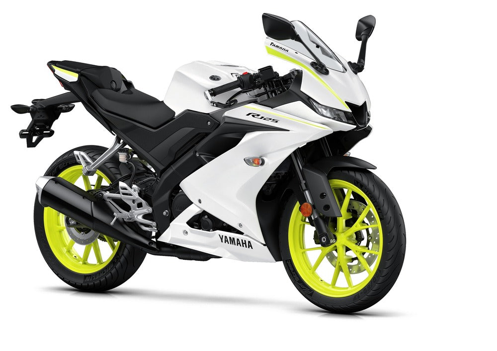 Genuine Yamaha YZF-R125 motorcycle, 2019 onwards, front three-quarter studio view on a white background