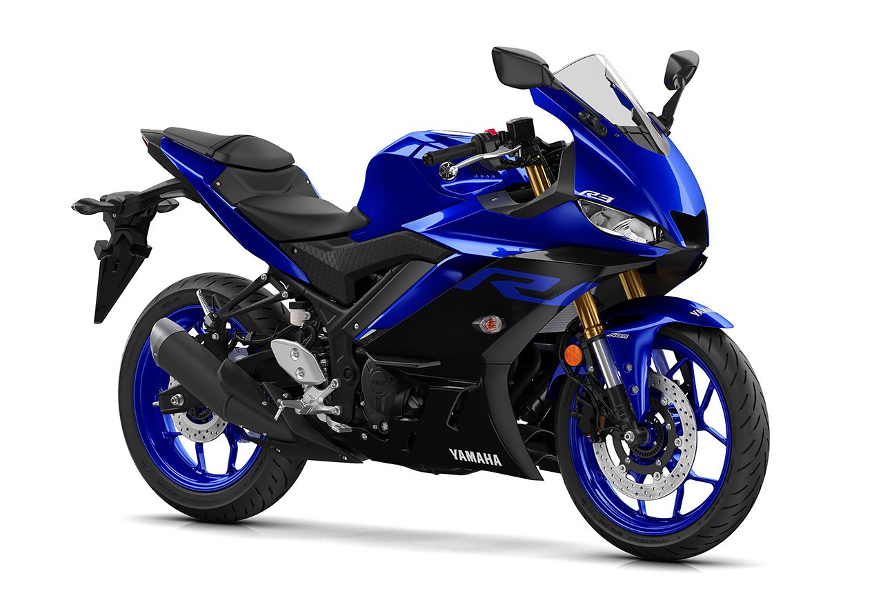 2019–2024 Yamaha YZF-R3 in blue, real motorcycle photographed from a front three-quarter angle against white