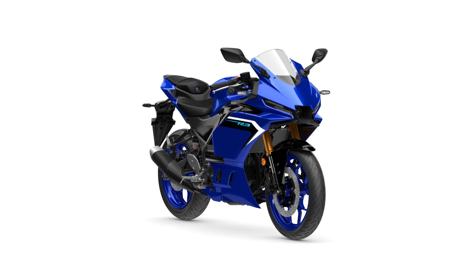 Yamaha YZF-R3 2025 Icon Blue supersport motorcycle on a clean white studio background, angled from the front