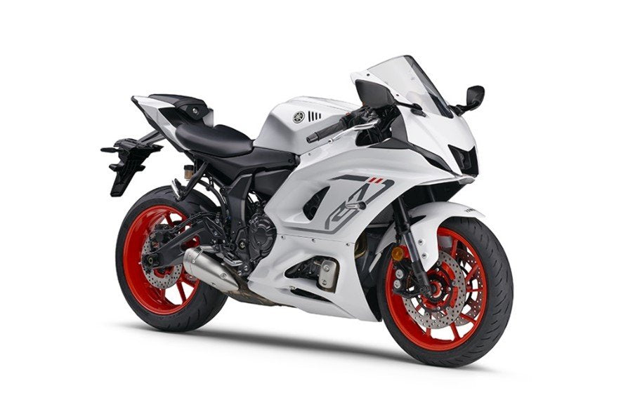 Yamaha YZF-R7 (2022–2025) authentic motorcycle product photo on a white studio background, angled from front