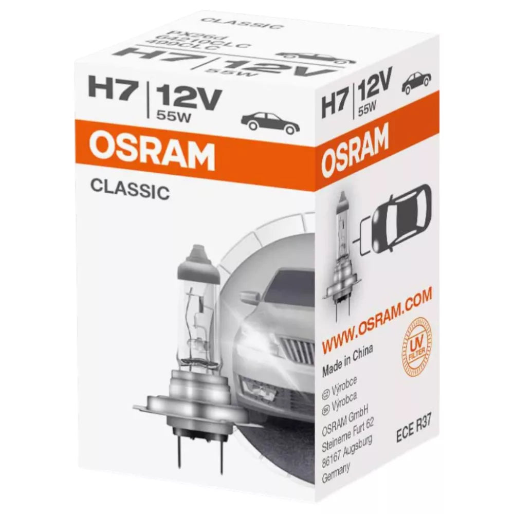 OSRAM H7 classic halogen car bulb packaging on a white background