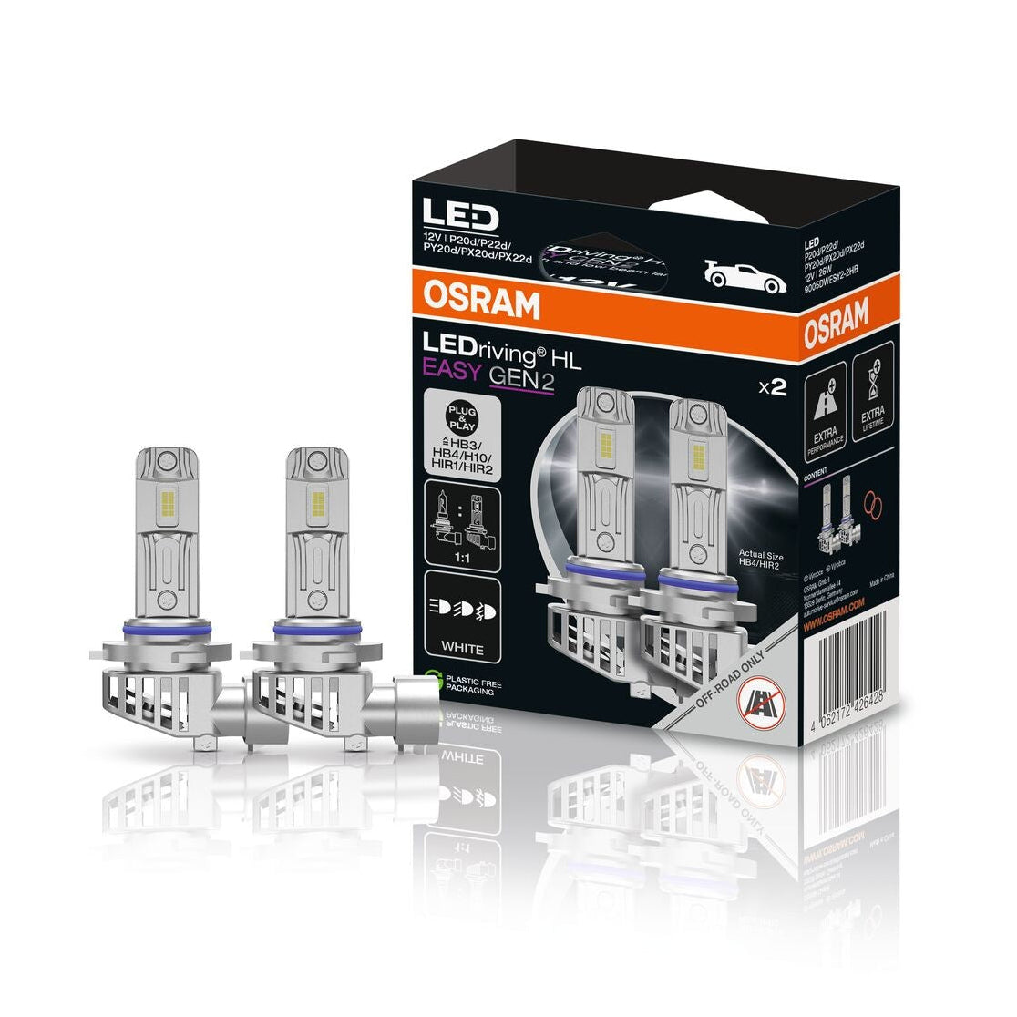 OSRAM LED HL easy HIR2 9005 9006 driving light bulbs packaging on a white background