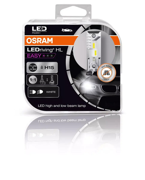 Osram LEDriving HL EASY H15 LED headlight bulb package showing LED headlight with easy installation and high performance features.