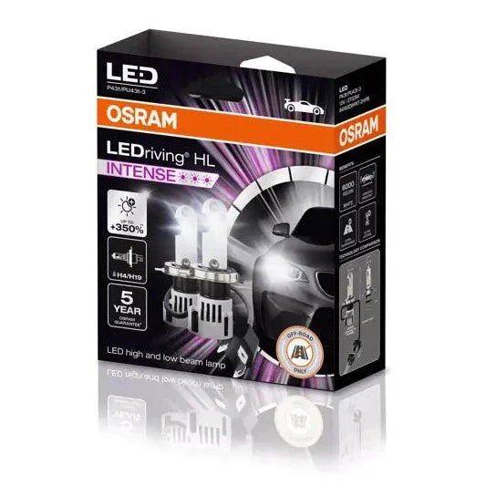 Osram LEDriving HL Intense H4 LED conversion kit packaging with up to +350% more brightness and 5-year warranty.