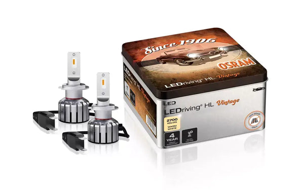 Osram LEDriving HL VINTAGE H7 Warm White LED bulbs with retro tin packaging for vehicle lighting upgrade, 2700K halogen look.