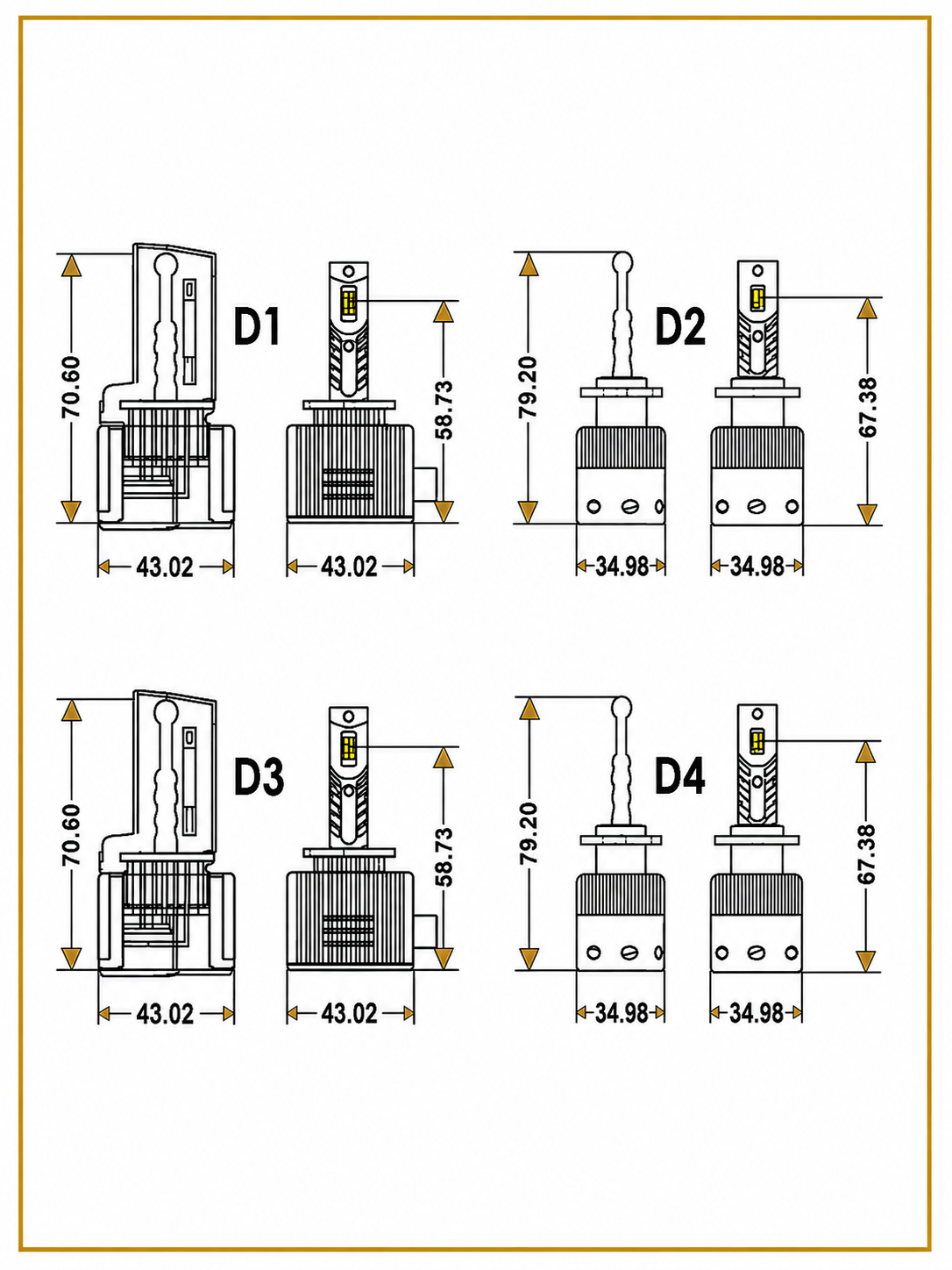Technical dimension diagram showing four bulb profile measurements labeled D1, D2, D3, and D4 with height and width arrows on a white background.