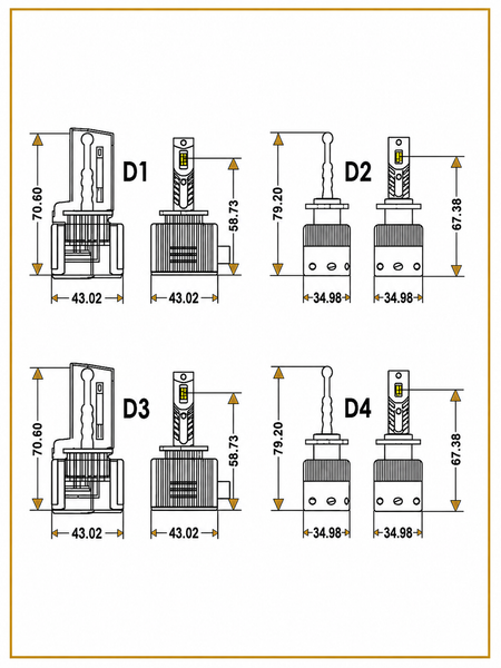 Technical dimension diagram showing four bulb profile measurements labeled D1, D2, D3, and D4 with height and width arrows on a white background.