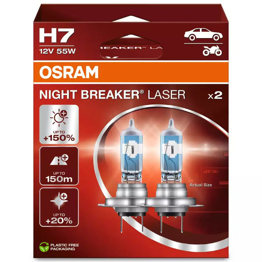 OSRAM Night Breaker Laser H7 halogen upgrade car bulb packaging on a white background
