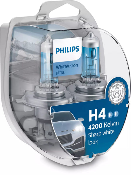 Philips White Vision Ultra H4 halogen bulb sharp white look 2 pack 12342WVUSM