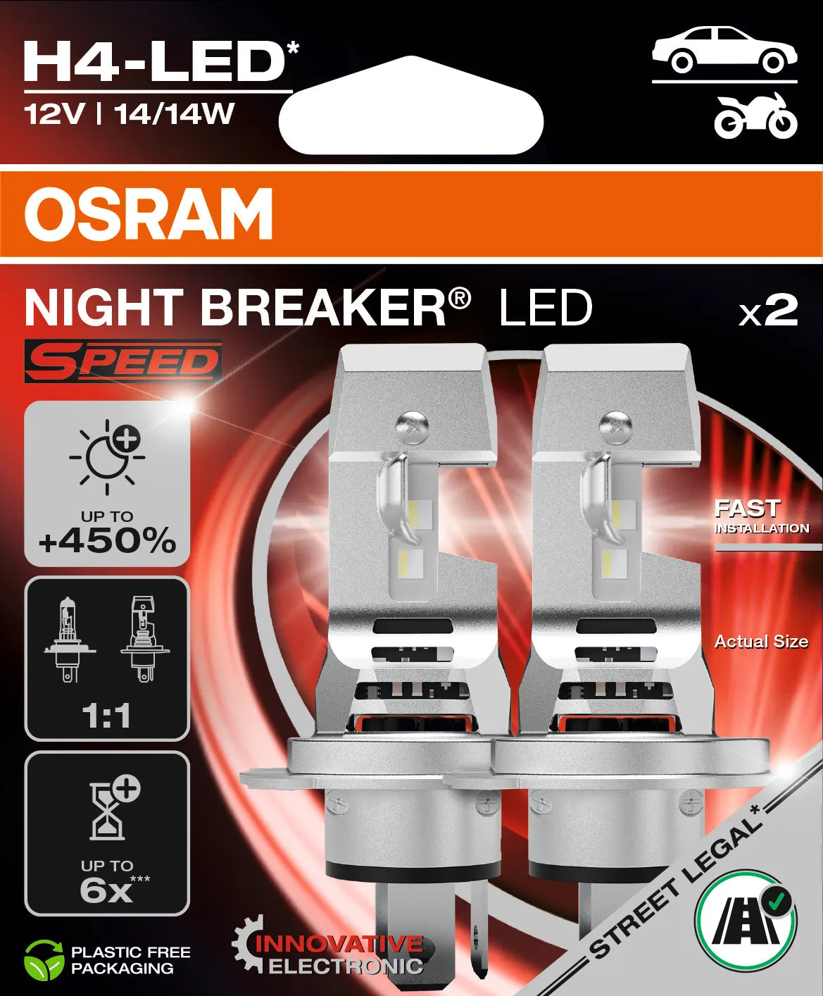 Osram NIGHT BREAKER® LED SPEED H4 450 LED conversion for halogen headlights - Street legal - 64193DWNBSP-2HB