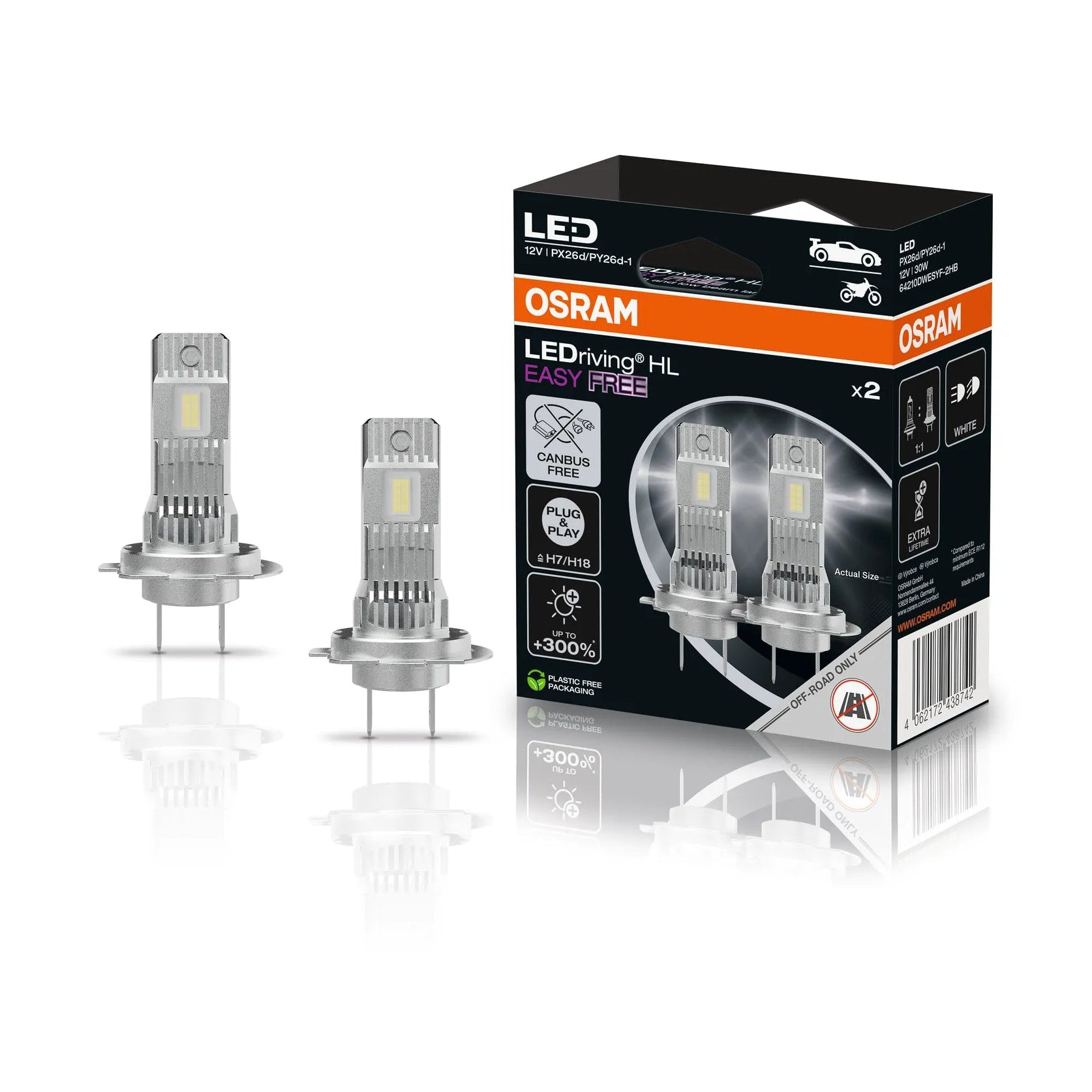 Two OSRAM H7 LED car light bulbs displayed next to their black and orange retail packaging box on a reflective white surface. Canbus free Easy installation
