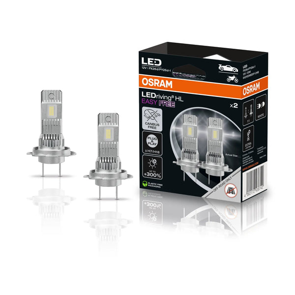 Two OSRAM H7 LED car light bulbs displayed next to their black and orange retail packaging box on a reflective white surface. Canbus free Easy installation