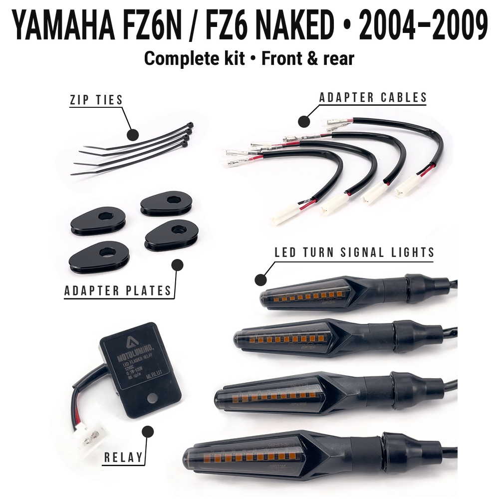 Yamaha fz6n-2004-2009 MotoLumino V2 complete kit • Front & rear. Four indicators, MLAC12 wiring adapters, MLAP05 plates, MLRLU1 flasher relay and four cable ties